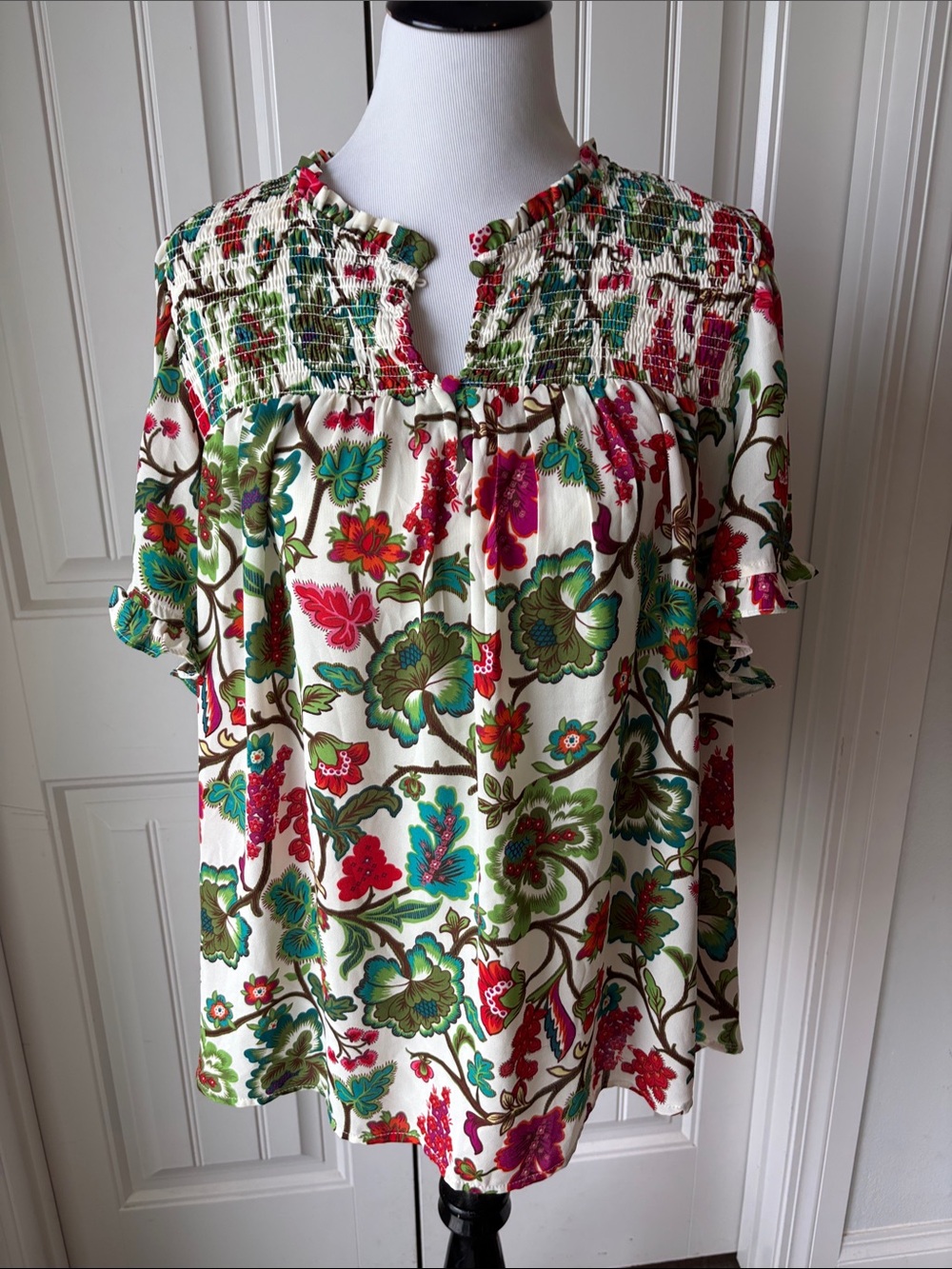 Rose & Olive Ivory Floral Smocked-Yoke Blouse with Green & Red Accents